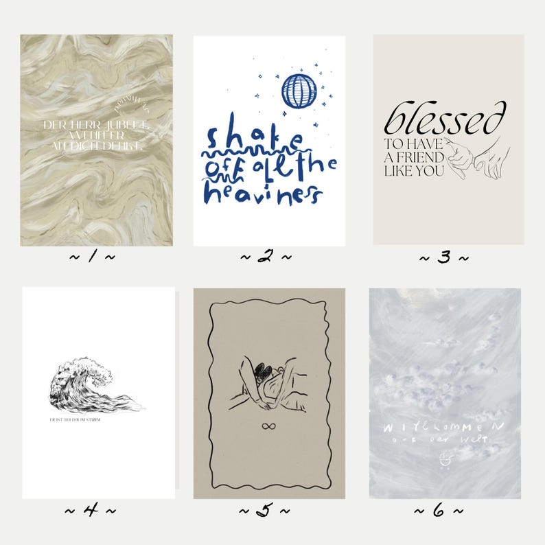 May include: A collection of six art prints with various designs and text. The prints feature abstract patterns, illustrations of a wave, and text such as "shake off all the heaviness" and "blessed to have a friend like you."
