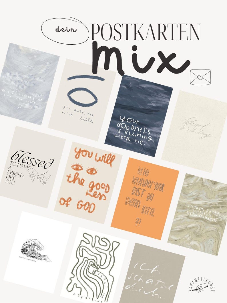 May include: A collection of art postcards with various designs and handwritten text. The postcards feature abstract art, inspirational quotes, and simple illustrations in a variety of colors, including blue, orange, and beige.