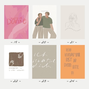 May include: A collection of six art prints with various designs and text. The prints feature illustrations of people, hands, and floral elements. Text includes phrases like "Danke", "Your worth is in Jesus", and other German phrases.
