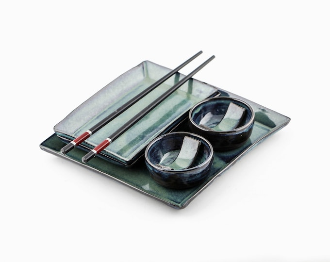 Handmade Ceramic Sushi Set Green and Black, Sushi Tray, Two Plates, Two