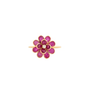 Natural Ruby Flower ring 18k Gold, Natural Diamond Center Floral ring, Ruby Statement ring, Gift for her, Birthday gift.