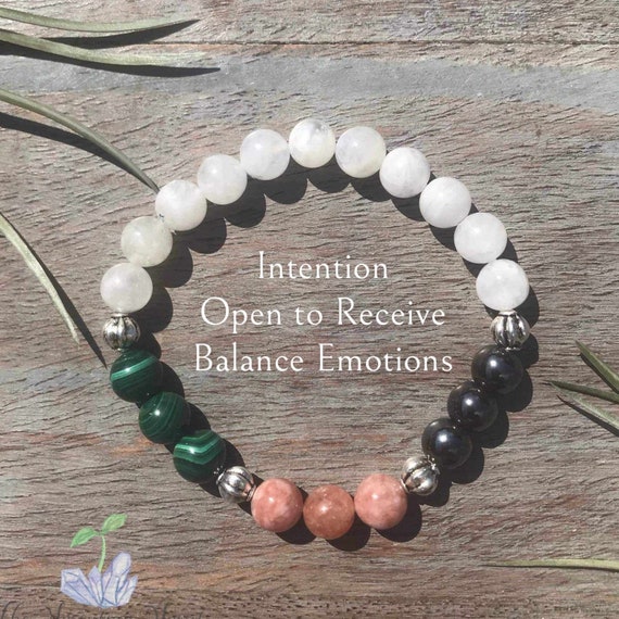 Genuine Full Moon Gemstone Bracelet, Healing Crystals Malachite, Sunstone, Hematite, to help Balance emotions, intentions,