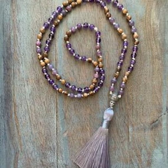 Genuine Healing Crystal Amethyst and Lepidolite Hand Knotted Mala Necklace Prayer Beads, Emotional Balance, , Intuition, Grief, Calming