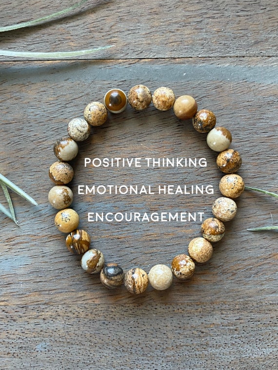 Healing Crystal Picture Jasper Gemstone Bracelet, 8mm Yoga Jewelry, Harmony, Positive Thinking, Emotional Healing, Intuition, Encouragement