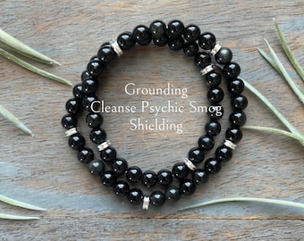 Genuine Healing Crystal Black Obsidian Double Wrap Gemstone Bracelet, protection, shielding, absorbs negative energy, cleanse psychic smog.