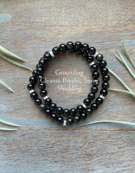 Healing Crystal Black Obsidian Double Wrap Gemstone Bracelet, protection, shielding, absorbs negative energy, cleanse psychic smog.