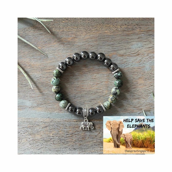 African Elephant Healing Crystal Endangered Species Gemstone Bracelet, Balance, Encouragement, Calmness, Strength, Grounding, Handmade,