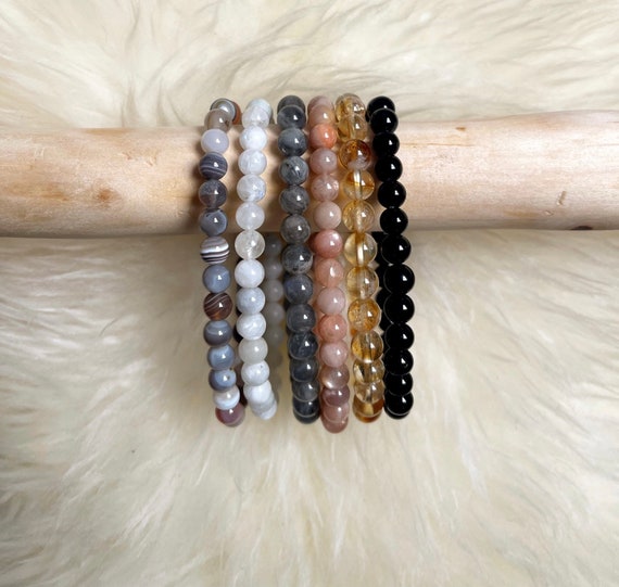 Genuine Healing Crystal Black Tourmaline, Sunstone, Rainbow Moonstone, Labradorite, Citrine, Botswana Agate 6mm, Gemstone Bracelet,