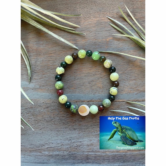 Sea Turtle Healing Crystal Endangered Species Gemstone Bracelet, courage, bravery, hope, independence and balancing Yin Yang energies.