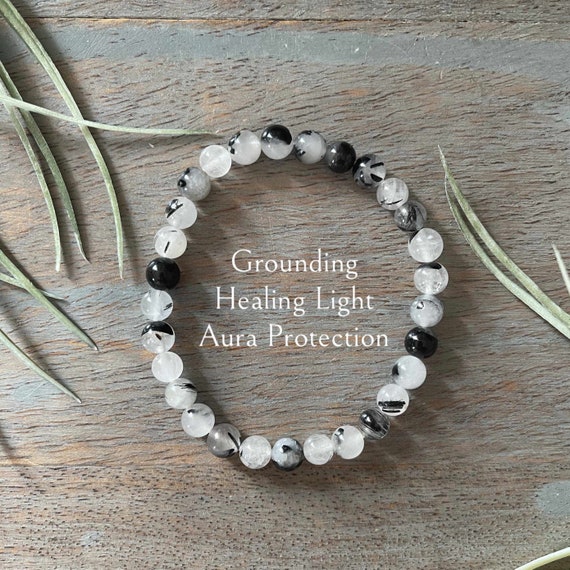 Genuine Black Tourmilated Rutilated Quartz Crystal Gemstone Bracelet 6 mm, Yoga Jewelry, Draws in Healing Light, Aura Protection, Grounding,