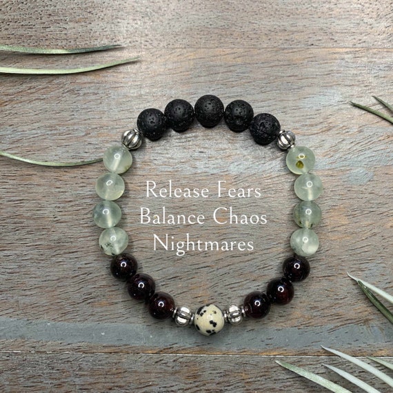 Genuine Prehnite, Red Garnet and Dalmatian Jasper Healing Crystal Gemstone Bracelet, 8mm, relief from fears, chaos, bad karma, nightmares,