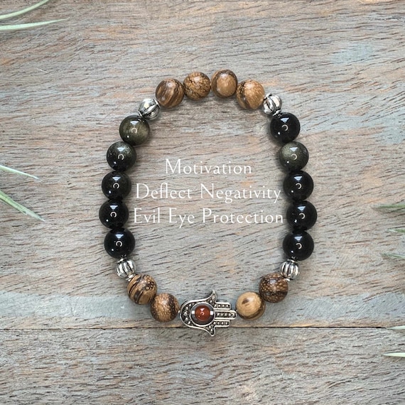 Genuine Gold Obsidian with Hamsa Hand and Carnelian Healing Crystal Gemstone Bracelet, deflect negativity, evil eye protection, motivation,