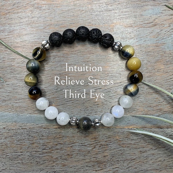 Genuine Golden Hawks Eye, Moonstone and Labradorite Healing Crystal Gemstone Bracelet, intuition,  relief, handmade, aromatherapy,