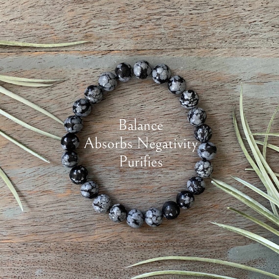 Genuine Snowflake Obsidian Healing Crystal Gemstone Bracelet 8mm, Yoga Jewelry, Purifies, Balance, Absorbs Negative Energy, Handmade,