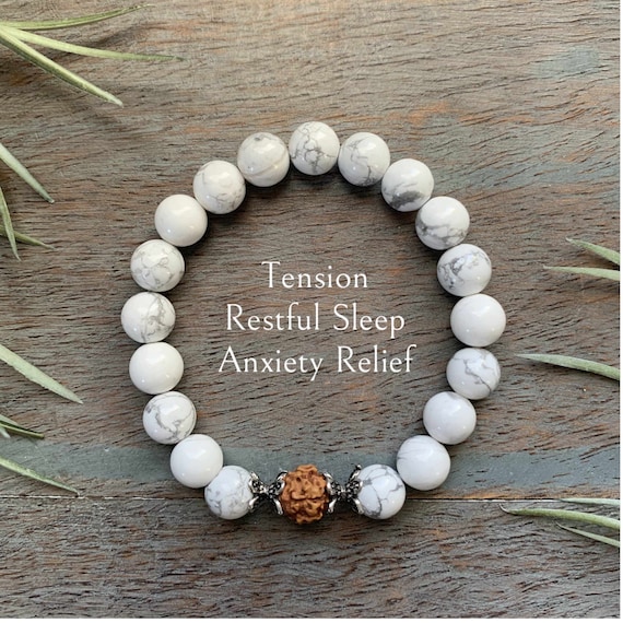 Genuine Howlite and Rudraksha Healing Crystal Gemstone Bracelet,  Relief, Sleep Issues, Tension, , Gemini, Divine Support,