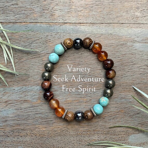 Genuine Carnelian, Red Tiger Eye, Turquoise, Pyrite Gemstone Bracelet, Healing Crystal Life Path #5 Traits - free spirit, adventurous,