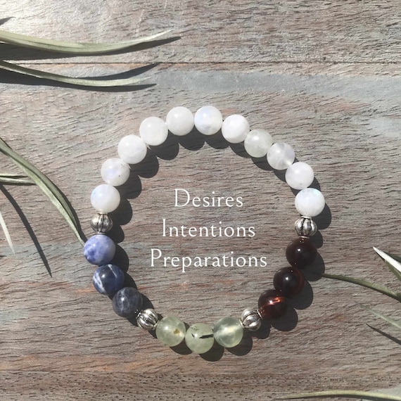 Genuine Waxing Crescent Gemstone Bracelet Healing Crystals Sodalite, prehnite, red tiger eye, rainbow moonstone for desires, intention,