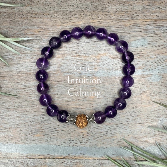 Genuine Amethyst and Rudraksha Healing Crystal Gemstone Bracelet, Calming, Intuition, Balance, Grief, Divine Support, Third Eye, Mukhi,