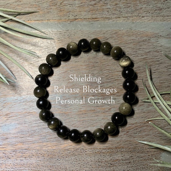 Genuine Gold Obsidian Gemstone Bracelet 8mm, Shielding, Grounding, Release Blockages, Personal Growth, solar plexus, handmade,