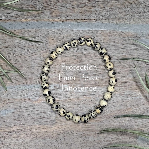 Genuine Dalmatian Jasper Healing Crystal Gemstone Bracelet 6mm, protection, child like innocence, inner peace, handmade, Virgo,