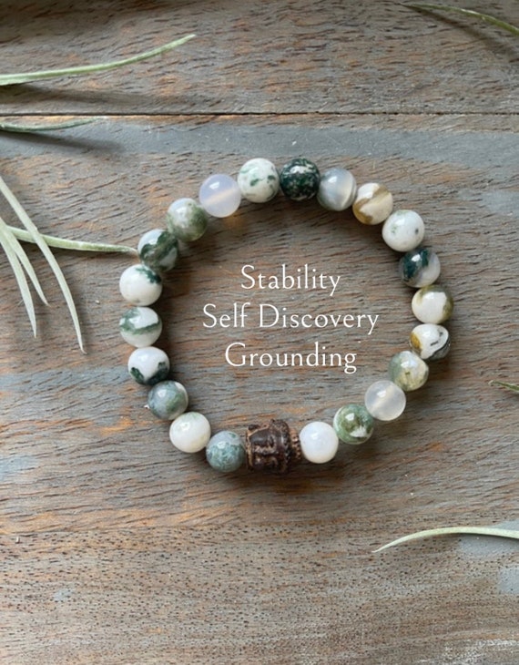 Genuine Tree Agate Healing Crystal  Gemstone Bracelet With Wooden Buddha Bead, Grounding, Stability, Self-Discovery, Inner-Peace, Handmade,