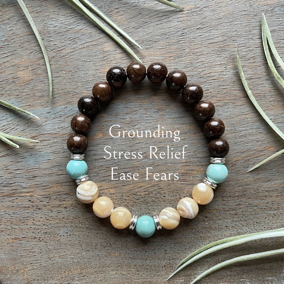 Genuine Mother of Pearl, Turquoise and Drift Wood Healing Crystal Gemstone Bracelet, 8mm, grounding, , fears, soothing,  relief,