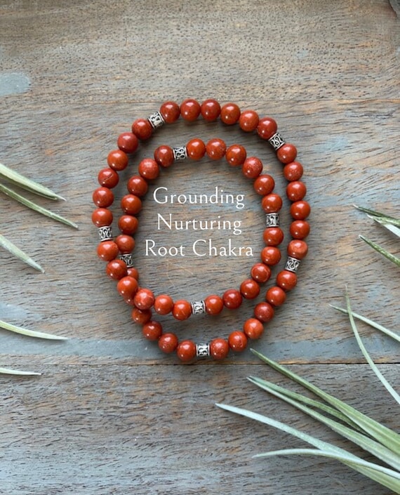 Healing Crystal Red Jasper Double Wrap Gemstone Bracelet, grounding, stability, insight, nurturing.