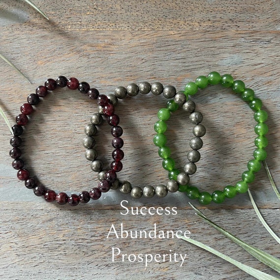 Genuine Jade, Pyrite and Garnet Abundance and Prosperity Healing Crystal Gemstone Bracelet Set, Success, Stability, Wealth,