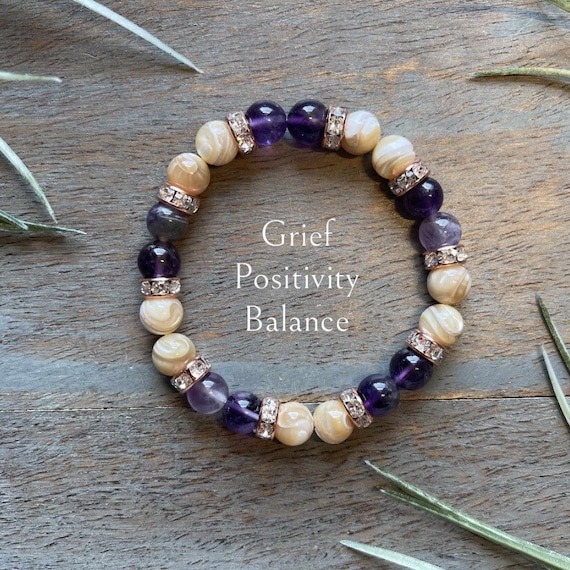 Amethyst and Mother of Pearl Healing Crystal Gemstone Bracelet 8mm, Calming, Grief, Stress, Positivity, Peace, Balance, handmade,