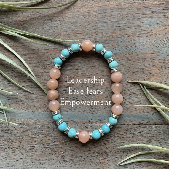 Genuine Sunstone and Turquoise Healing Crystal Gemstone Bracelet, ease fears, empowerment, good fortune, mental clarity, handmade,