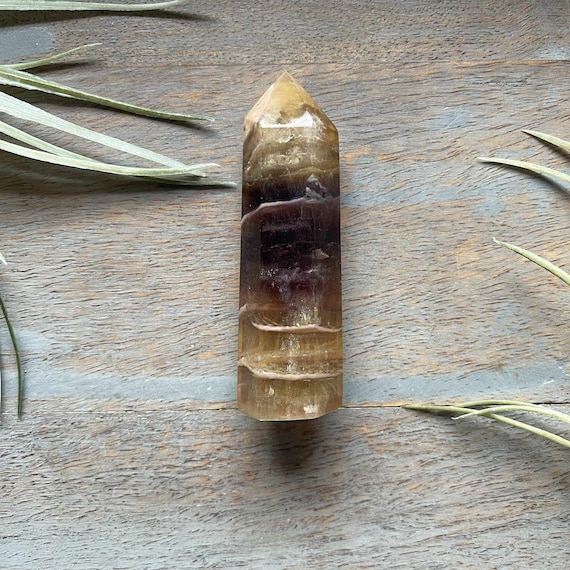 Genuine Yellow Fluorite with Purple Fluorite Healing Crystal, tower, point, obelisk, abundance, intuition, positivity, prosperity,