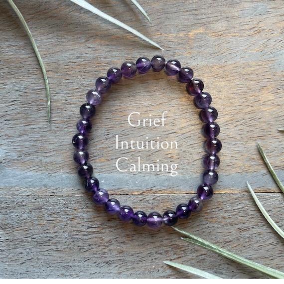 Healing Crystal Amethyst Gemstone Bracelet 6mm, Calming, Intuition, Balance, Grief.