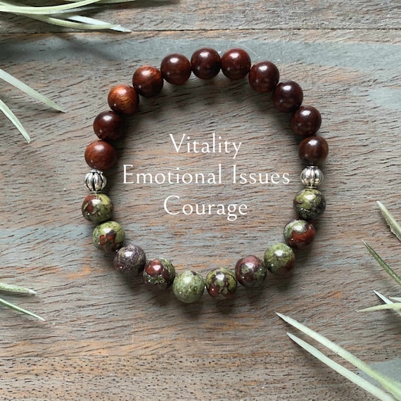 Genuine Dragons Blood Jasper and Rose Wood Healing Crystal Gemstone Bracelet 8mm, goals, emotional issues, courage, vitality, Leo Zodiac,