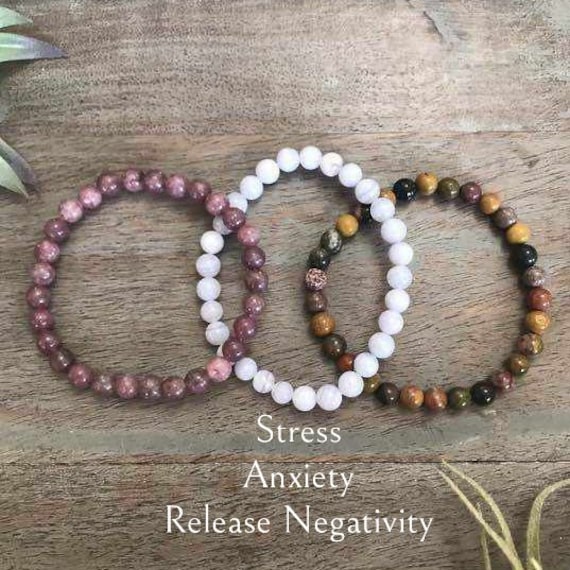 Healing Crystal Lepidolite, Blue Lace Agate, Ocean Jasper Anxiety Gemstone Bracelet Set, Anxiety and Nervousness, Soothing/Calming Energy