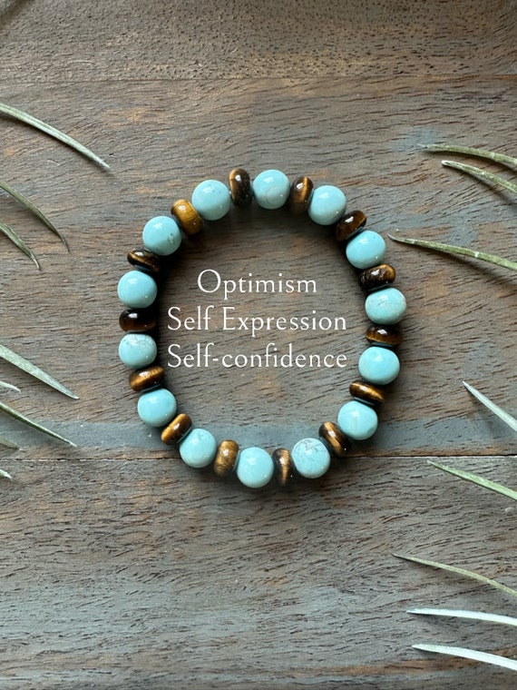 Genuine Turquoise and Tiger Eye Healing Crystal Gemstone Bracelet, grounding, optimism, self-confidence, self expression, release fears,