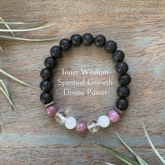 Genuine Crown Chakra Aromatherapy Healing Crystal Gemstone Bracelet, clear quartz, moonstone, lepidolite, spiritual growth, divine power,