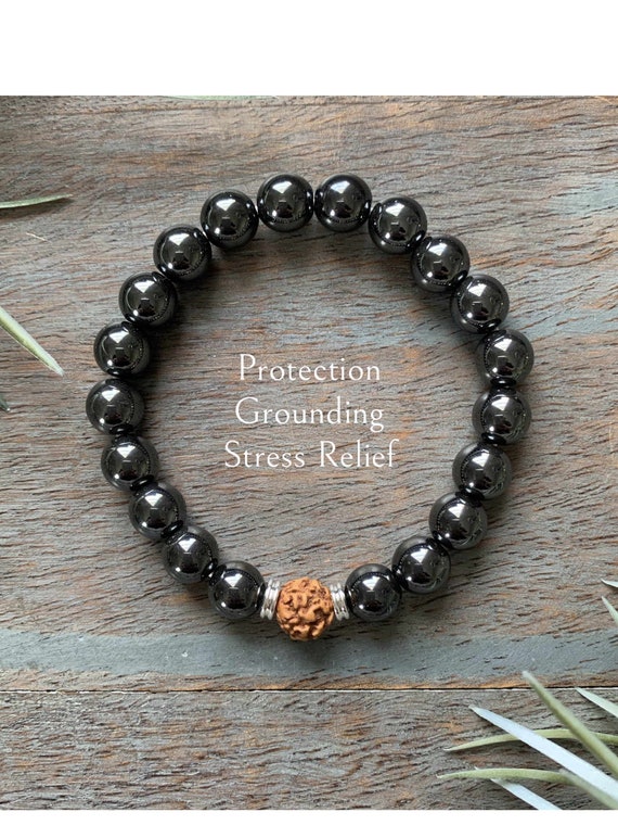 Genuine Hematite and Rudraksha Healing Crystal Gemstone Bracelet, protection, grounding,  relief, Divine support, handmade,