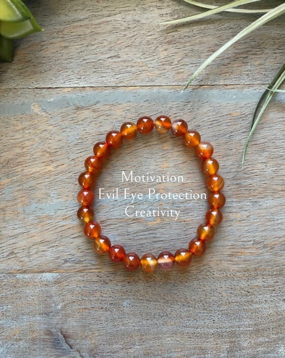 Genuine Carnelian Healing Crystal Gemstone Bracelet, 8mm, motivation, success, stabilizing, creativity, sacral chakra, handmade, evil eye,