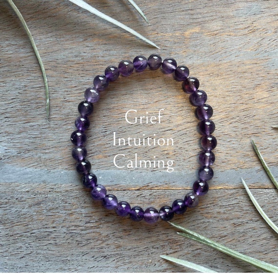 Genuine Amethyst Healing Crystal Gemstone Bracelet 6mm, Calming, Intuition, Balance, Grief, third eye chakra,