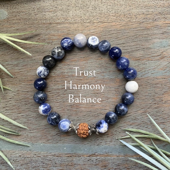 Healing Crystal Sodalite and Rudraksha Gemstone Bracelet, Divine Support, Trust, Harmony, Self-Esteem