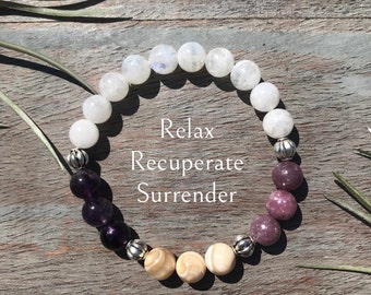 Rainbow Moonstone Gemstone Bracelet Peace Healing Crystals Protection Bracelet Lepidolite Amethyst Surrender Lunar Phase Crystal Bracelet