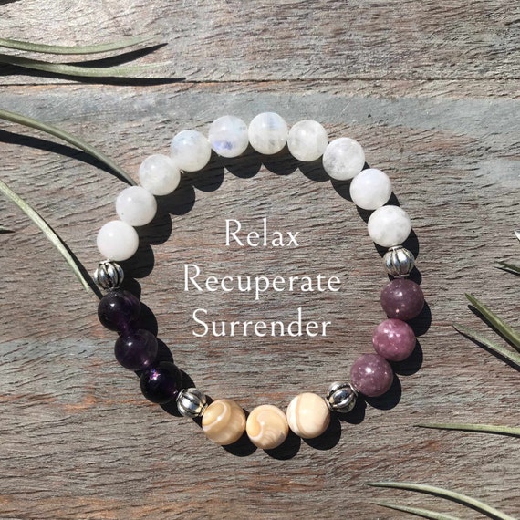 Genuine Waning Crescent Gemstone Bracelet Healing Crystals Amethyst, lepidolite, mother of pearl, rainbow moonstone, relax, surrender,