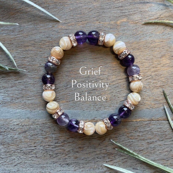 Genuine Amethyst and Mother of Pearl Healing Crystal Gemstone Bracelet 8mm, Calming, Grief, , Positivity, Peace, Balance, handmade,