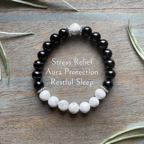 Genuine Howlite, Black Agate, Healing Crystal Gemstone Bracelet, Crystals for , , Motivation, Gemini, Crown Chakra, Protection, 8mm,