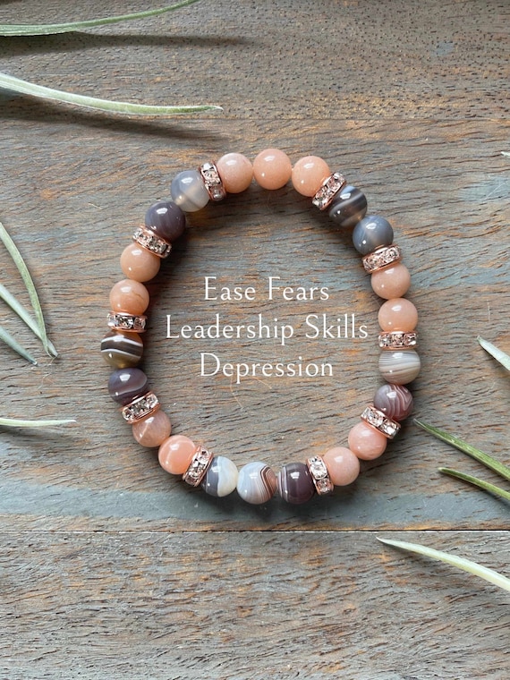 Genuine Sunstone and Botswana Agate Healing Crystal Gemstone Bracelet, 8mm, Aids , Dispels Fears and Phobias, Balancing, Calming,