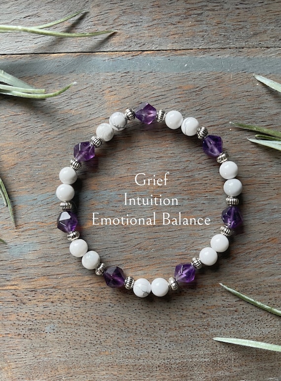 Genuine Amethyst and Howlite Healing Crystal Gemstone Bracelet, Crystal for Grief, Tension, , , Calming Healing Stone, Third Eye Chakra