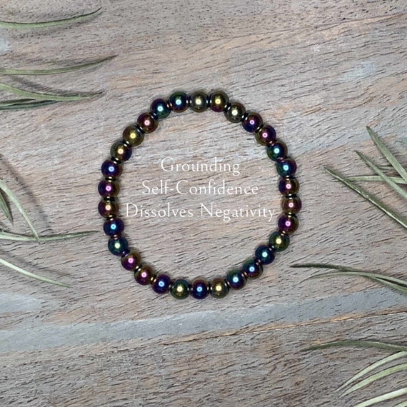 Genuine Rainbow Hematite Healing Crystal Gemstone Bracelet 6mm, Grounding, Self-Confidence, Dissolve Negativity, protection, handmade,