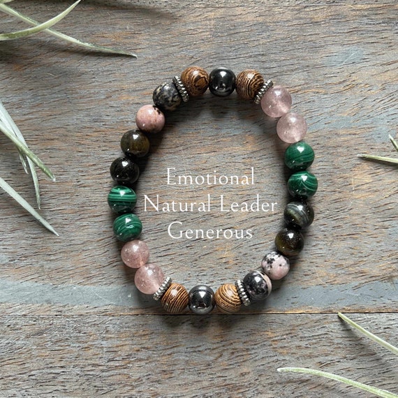 Genuine Malachite, Rhodonite, Tiger Eye, Strawberry Quartz, Crystal, Life Path #9, Gemstone Bracelet, Traits - Emotional, generous, leader