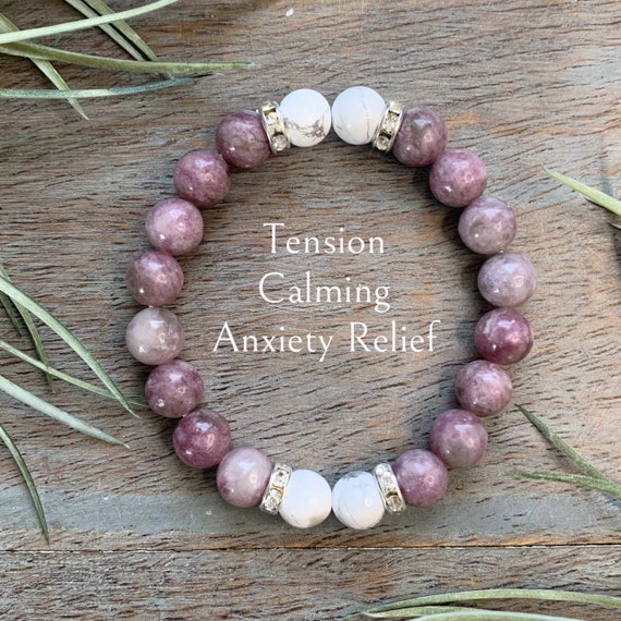 Genuine Lepidolite and Howlite Healing Crystal, Gemstone Bracelet 8mm, relieves anxiousness, positive synchronicity, Calming, , Tension,