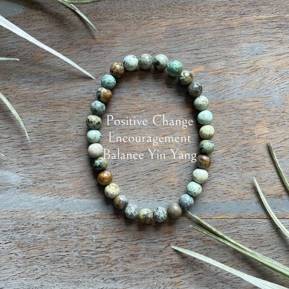 Genuine African Turquoise Healing Crystal Gemstone Bracelet 6mm, Balance Yin and Yang Energy, Encouragement, Positivity, Handmade,